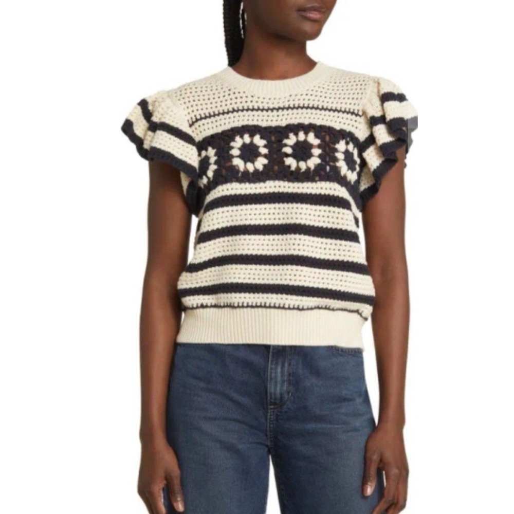 Rails Penelope Oat Navy Crochet Stripe Ruffle Sleeve Knit Top Sweater Sz M